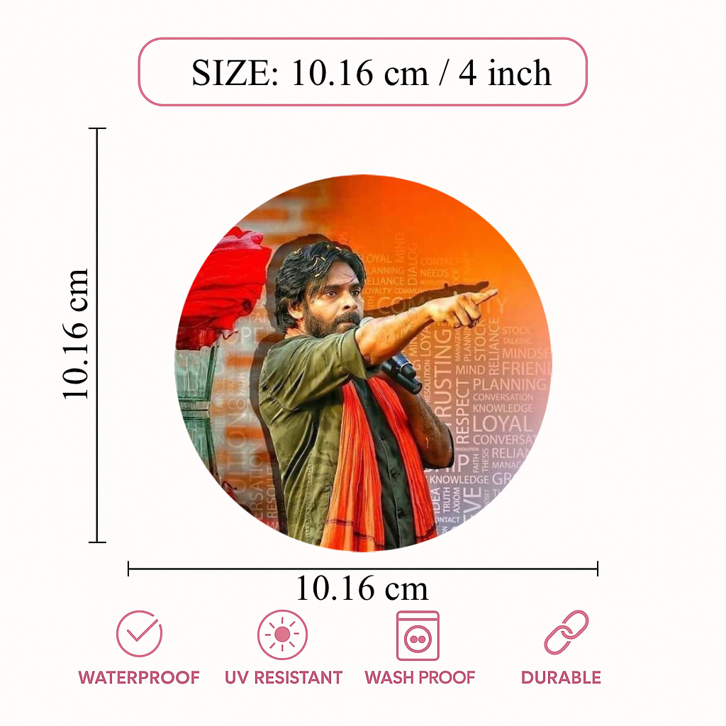Smeeps Pawan Kalyan Directional Pointing Pose Sticker – 10.16 cm (4 Inch) Round Political Vinyl Decal | Waterproof UV Resistant Car & Bike Sticker