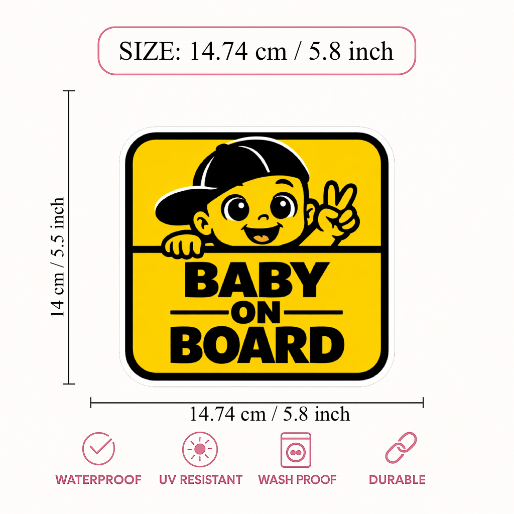 Smeeps Baby On Board Car Sticker – 14.74 × 14 cm (5.8 × 5.5 Inch) Waterproof Vinyl Safety Sticker for Cars | Cute Baby Peace Sign Design | UV Resistant | Pack of 1