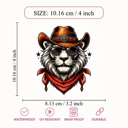 Smeeps Cowboy Lion Vinyl Sticker – 10.16 × 8.13 cm (4 × 3.2 Inch) Waterproof Lion Head Decal with Sunglasses & Cowboy Hat | Premium UV Resistant Sticker for Car, Bike, Laptop & Helmet | Pack of 1