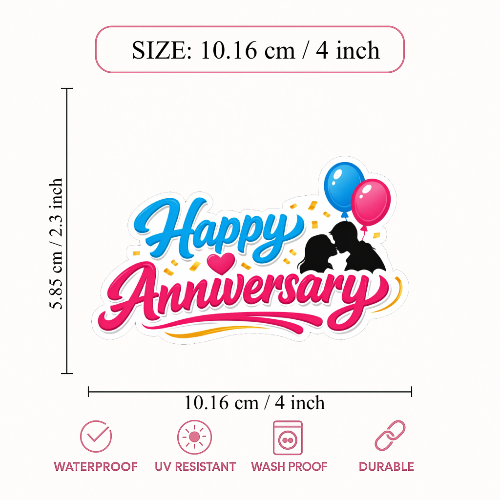 Smeeps Happy Anniversary Sticker – 10.16 × 5.85 cm (4 × 2.3 Inch) Waterproof Vinyl Die-Cut Anniversary Celebration Sticker for Gift Wrapping, Couple Gifts, Scrapbooks & Party Decorations | Pack of 1