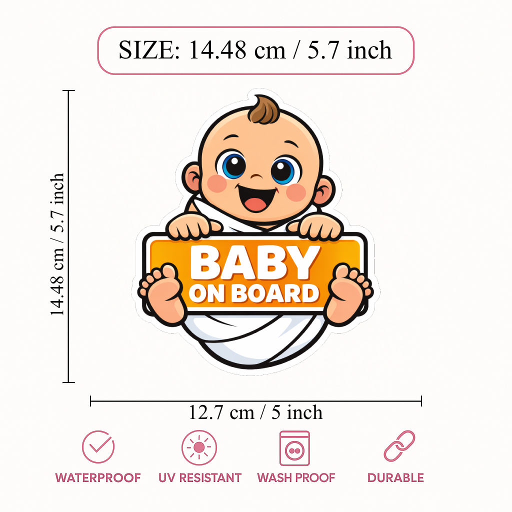 Smeeps Baby On Board Car Sticker – 14.48 × 12.7 cm (5.7 × 5 Inch) Waterproof Vinyl Safety Sticker for Cars | Cute Smiling Baby Warning Decal | UV Resistant | Pack of 1