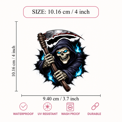Smeeps Grim Reaper Skull Vinyl Sticker – 10.16 × 9.40 cm (4 × 3.7 Inch) Waterproof Biker Decal | Horror Skeleton Scythe Sticker | UV Resistant Wash Proof | Pack of 1
