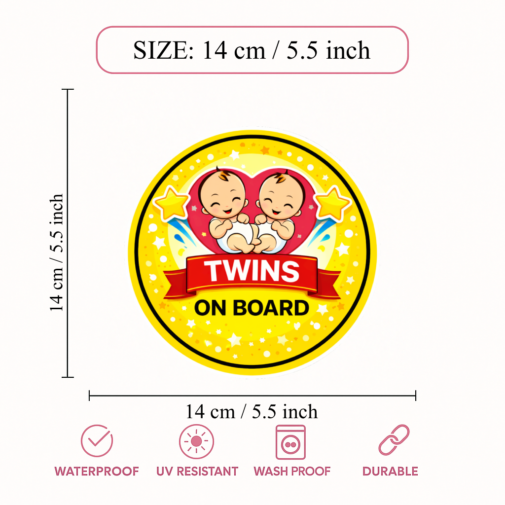 Smeeps Twins On Board Car Sticker – 14 × 14 cm (5.5 × 5.5 Inch) Cute Twin Baby Safety Vinyl Decal for Car | Waterproof UV Resistant Round Sticker