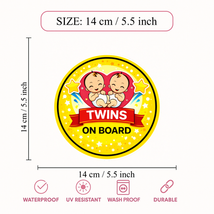 Smeeps Twins On Board Car Sticker – 14 × 14 cm (5.5 × 5.5 Inch) Cute Twin Baby Safety Vinyl Decal for Car | Waterproof UV Resistant Round Sticker