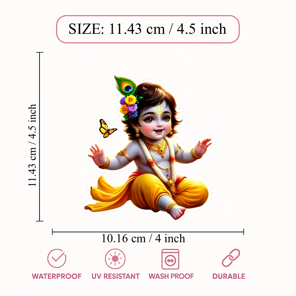Smeeps Baby Krishna Vinyl Sticker – 11.43 × 10.16 cm (4.5 × 4 Inch) Waterproof Krishna Car Sticker | UV Resistant Bal Krishna Decal for Car, Bike, Laptop & Wall | Pack of 1