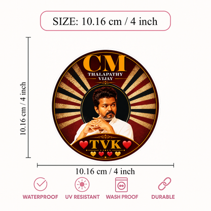 Thalapathy Vijay “CM TVK” Round Sticker – 10.16 × 10.16 cm (4 × 4 Inch) Waterproof UV Resistant Vinyl Car & Bike Sticker for Car, Helmet, Laptop & Rear Glass | Premium Tamil Political Fan Art Decal Pack of 1