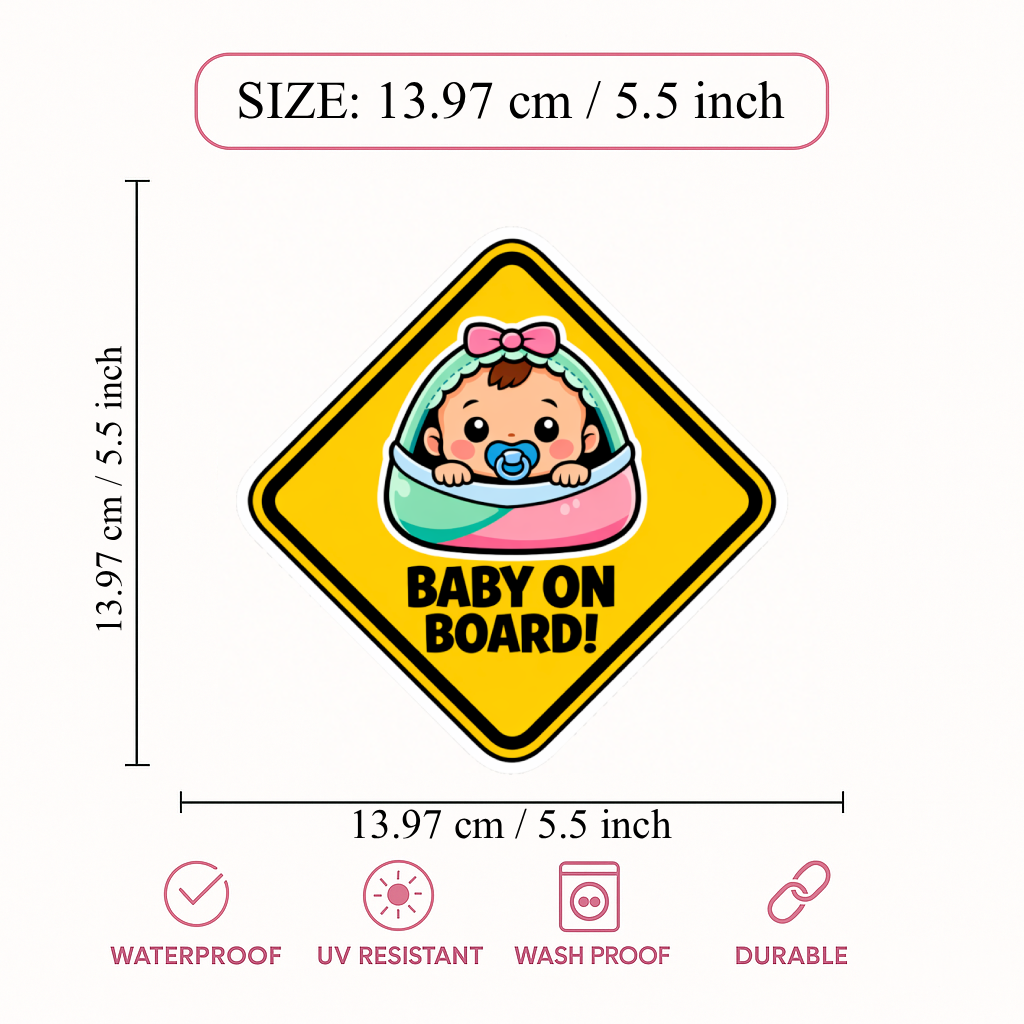 Smeeps Baby On Board Car Sticker – 13.97 × 13.97 cm (5.5 × 5.5 Inch) Waterproof Vinyl Safety Sticker for Cars | Cute Baby Warning Decal | UV Resistant | Pack of 1