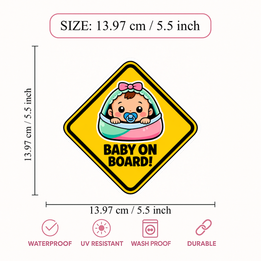 Smeeps Baby On Board Car Sticker – 13.97 × 13.97 cm (5.5 × 5.5 Inch) Waterproof Vinyl Safety Sticker for Cars | Cute Baby Warning Decal | UV Resistant | Pack of 1