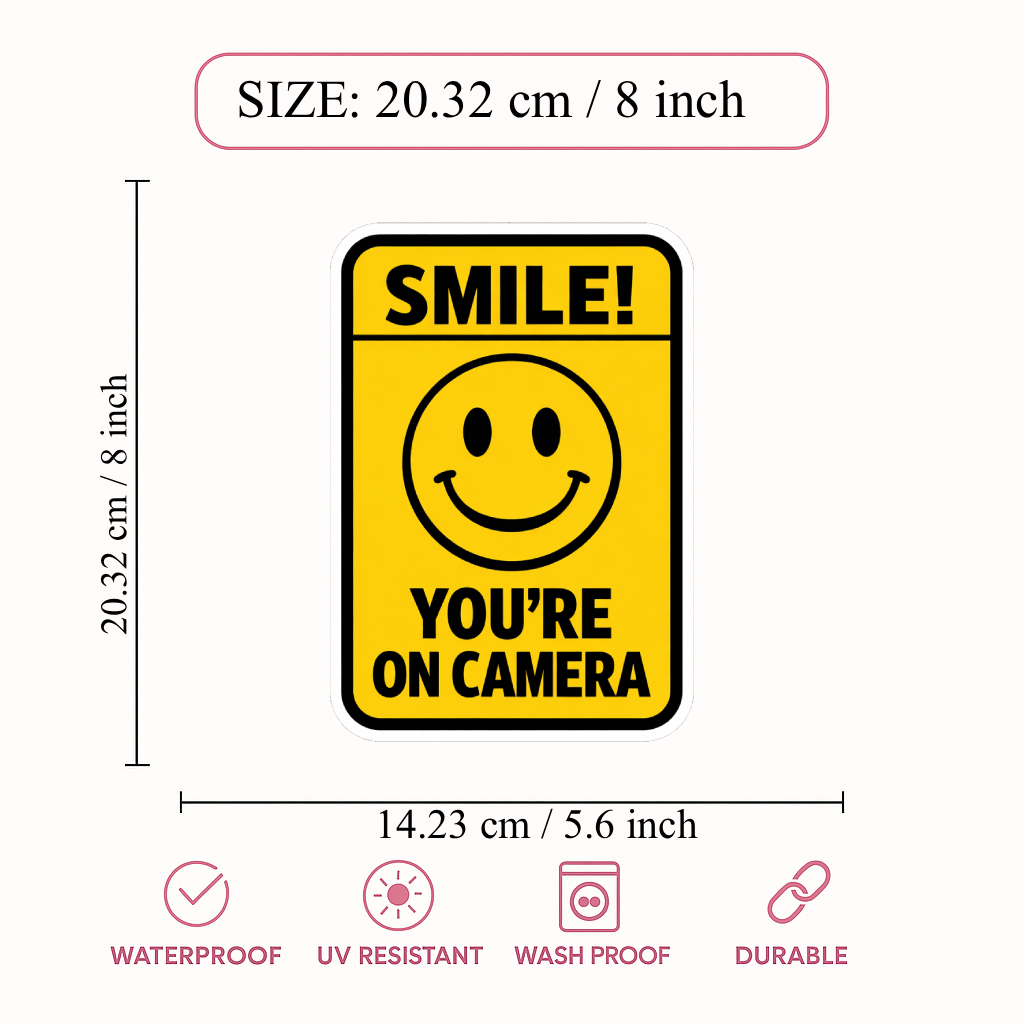 Smeeps Smile You’re On Camera Sticker – 20.32 × 14.23 cm (8 × 5.6 Inch) Waterproof Vinyl CCTV Warning Sign | Security Camera Notice Decal | UV Resistant Washproof Office Door Sticker | Pack of 1