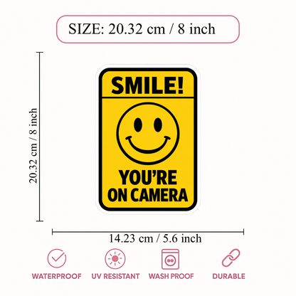 Smeeps Smile You’re On Camera Sticker – 20.32 × 14.23 cm (8 × 5.6 Inch) Waterproof Vinyl CCTV Warning Sign | Security Camera Notice Decal | UV Resistant Washproof Office Door Sticker | Pack of 1