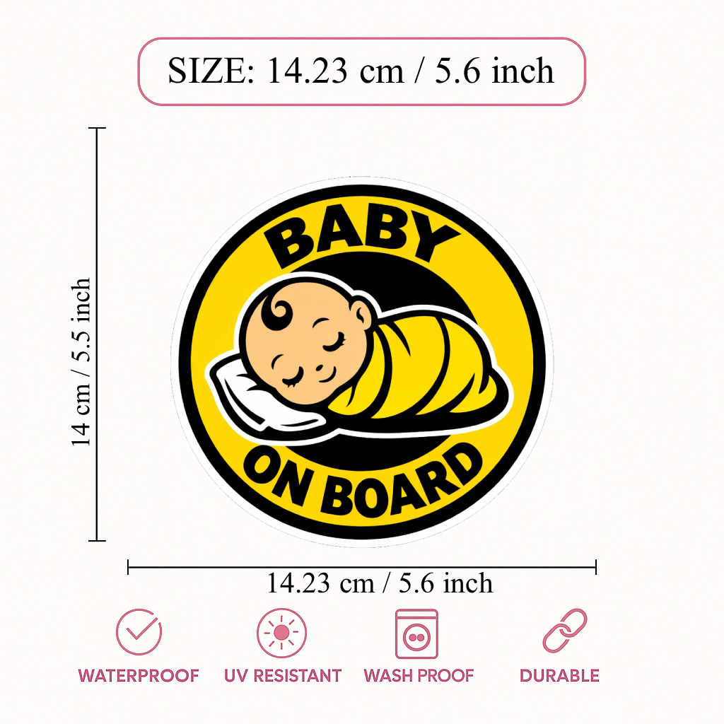 Smeeps Baby On Board Car Sticker – 14.23 × 14.23 cm (5.6 × 5.6 Inch) Waterproof Vinyl Safety Sticker for Cars | Sleeping Baby Round Warning Decal | UV Resistant | Pack of 1