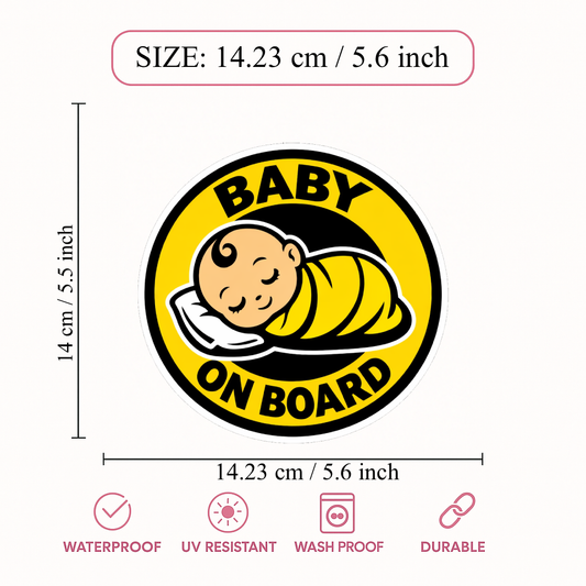 Smeeps Baby On Board Car Sticker – 14.23 × 14.23 cm (5.6 × 5.6 Inch) Waterproof Vinyl Safety Sticker for Cars | Sleeping Baby Round Warning Decal | UV Resistant | Pack of 1