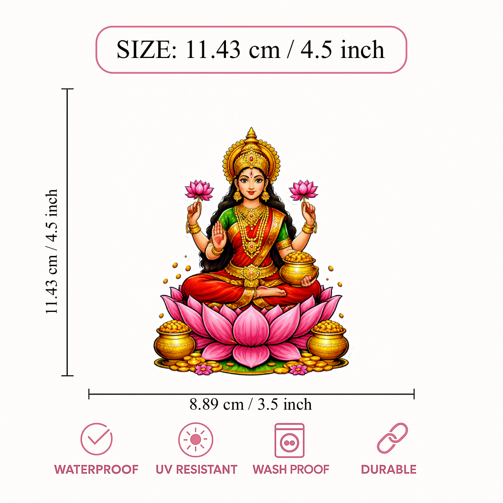 Smeeps Goddess Lakshmi Wealth Sticker – 11.43 × 8.89 cm (4.5 × 3.5 Inch) Feng Shui Prosperity Vinyl Decal for Car & Bike | Waterproof UV Resistant Religious Sticker