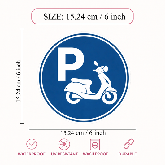 Smeeps Two Wheeler Parking Sticker – 15.24 × 15.24 cm (6 × 6 Inch) Premium Vinyl Decal | Bike & Scooty Parking Sign Design | Waterproof UV Resistant Wash Proof | Pack of 1