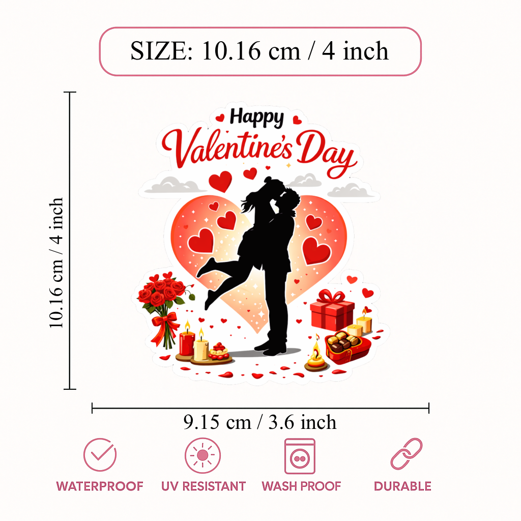 Smeeps Happy Valentine’s Day Kiss Couple Sticker – 10.16 × 9.15 cm (4 × 3.6 Inch) Premium Vinyl Decal | Romantic Love Heart Design | Waterproof UV Resistant Wash Proof | Pack of 1