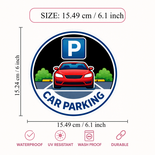 Smeeps Car Parking Sticker – 15.49 × 15.24 cm (6.1 × 6 Inch) Premium Vinyl Decal | Round Car Parking Sign with “P” Symbol & Car Illustration | Waterproof UV Resistant Wash Proof | Pack of 1