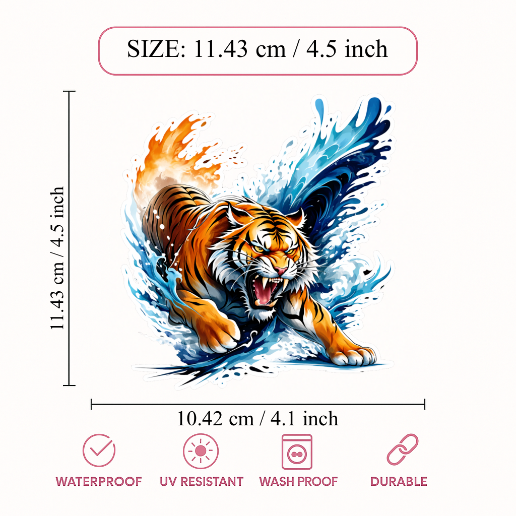 Smeeps Roaring Tiger Vinyl Sticker – 11.43 × 10.42 cm (4.5 × 4.1 Inch) Waterproof Animal Bike Decal for Helmet, Motorcycle, Car & Laptop | Fire and Water Tiger Design | Pack of 1