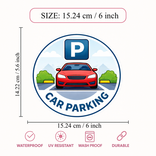 Smeeps Car Parking Sticker – 15.24 × 14.22 cm (6 × 5.6 Inch) Premium Vinyl Decal | Round Car Parking Sign with “P” Symbol | Waterproof UV Resistant Wash Proof | Pack of 1