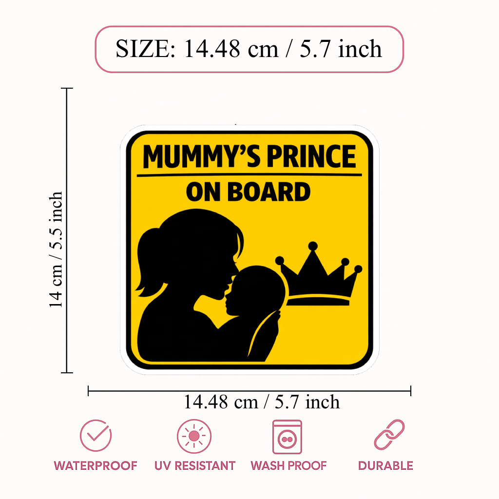 Smeeps Mummy’s Prince On Board Car Sticker – 14.48 × 14 cm (5.7 × 5.5 Inch) Waterproof Vinyl Baby Safety Sticker for Cars | UV Resistant Baby Boy Car Decal | Cute Family Window Sticker | Pack of 1