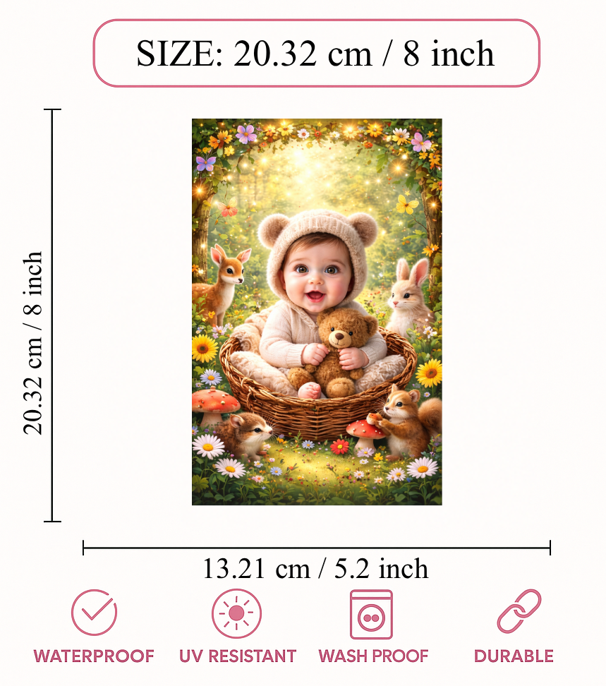 Smeeps Cute Baby Forest Theme Wall Poster – 20.32 × 13.21 cm (8 × 5.2 Inch) Kids Nursery Decorative Poster with Baby, Teddy Bear & Animal Theme | 300 GSM Non-Adhesive Wall Decor Poster for Baby Room & Playroom | Pack of 1