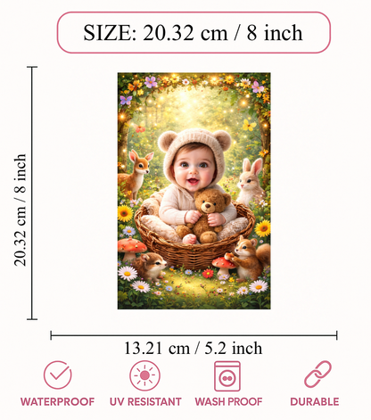 Smeeps Cute Baby Forest Theme Wall Poster – 20.32 × 13.21 cm (8 × 5.2 Inch) Kids Nursery Decorative Poster with Baby, Teddy Bear & Animal Theme | 300 GSM Non-Adhesive Wall Decor Poster for Baby Room & Playroom | Pack of 1