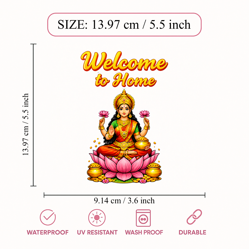 Smeeps Welcome to Home Goddess Lakshmi Door & Wall Sticker – 13.97 × 9.14 cm (5.5 × 3.6 Inch) Auspicious Religious Vinyl Decal for Home Entrance | Waterproof UV Resistant Wall Sticker