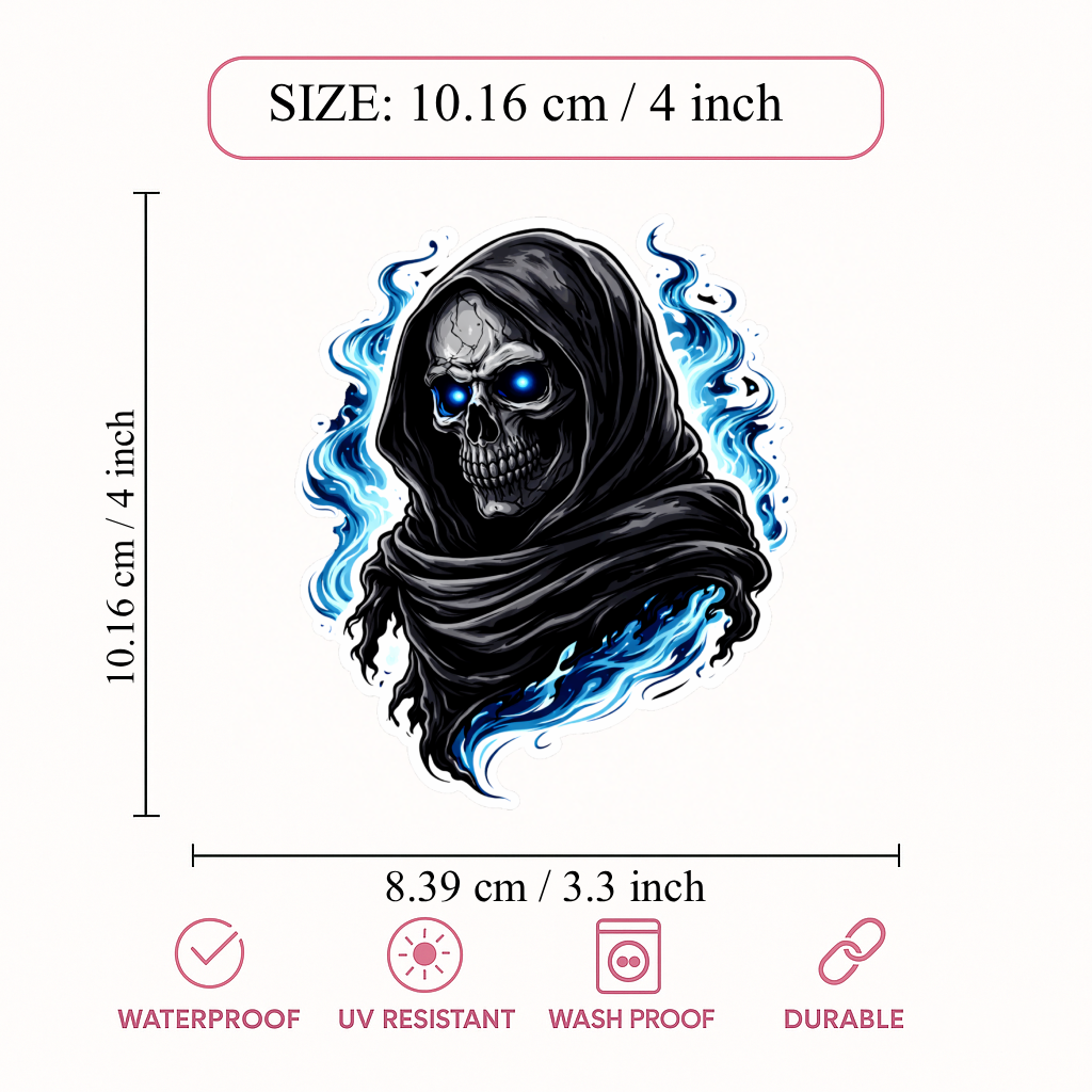 Smeeps Grim Reaper Skull Vinyl Sticker – 10.16 × 8.39 cm (4 × 3.3 Inch) Waterproof Horror Bike Decal for Helmet, Motorcycle, Car & Laptop | Gothic Blue Flame Design | Pack of 1