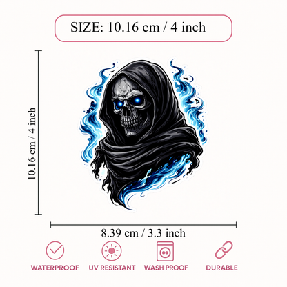 Smeeps Grim Reaper Skull Vinyl Sticker – 10.16 × 8.39 cm (4 × 3.3 Inch) Waterproof Horror Bike Decal for Helmet, Motorcycle, Car & Laptop | Gothic Blue Flame Design | Pack of 1