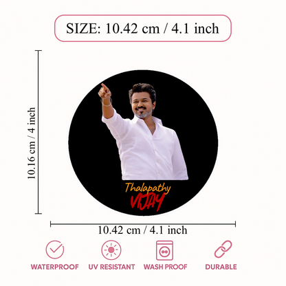 Smeeps Thalapathy Vijay Circular Car Sticker – 10.42 × 10.42 cm (4.1 × 4.1 Inch) Premium Vinyl Decal | Black Background Design | Waterproof UV Resistant Wash Proof | Pack of 1