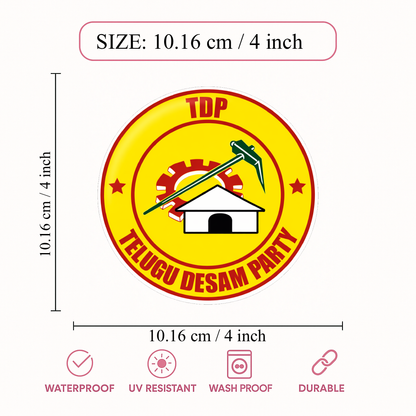 Smeeps TDP Telugu Desam Party Symbol Round Vinyl Sticker – 10.16 × 10.16 cm (4 × 4 Inch) Political Car Bike Helmet Sticker | Waterproof UV Resistant Wash Proof | Pack of 1