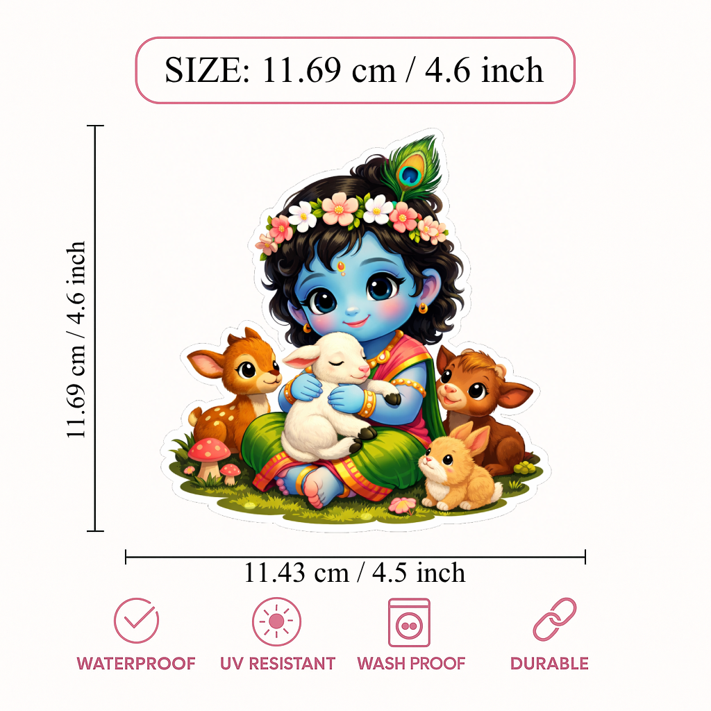 Smeeps Cute Baby Krishna Vinyl Sticker – 11.69 × 11.43 cm (4.6 × 4.5 Inch) Waterproof Bal Krishna Cartoon Sticker | UV Resistant Devotional Decal for Car, Bike, Laptop & Wall | Pack of 1