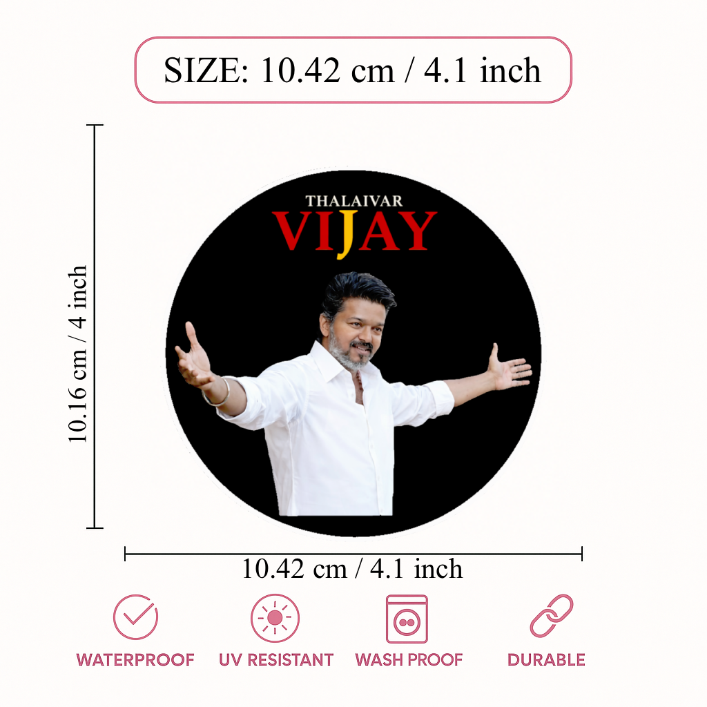 Smeeps Thalaivar Vijay Circular Car Sticker – 10.42 × 10.42 cm (4.1 × 4.1 Inch) Premium Vinyl Decal | Black Background Design | Waterproof UV Resistant Wash Proof | Pack of 1