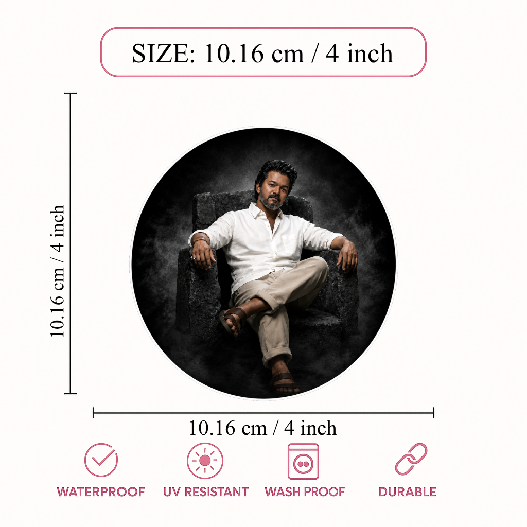 Thalapathy Vijay Classic Portrait Round Sticker – 10.16 × 10.16 cm (4 × 4 Inch) Waterproof UV Resistant Vinyl Car & Bike Sticker for Car, Helmet, Laptop & Rear Glass | Premium Stylish Fan Art Decal Pack of 1