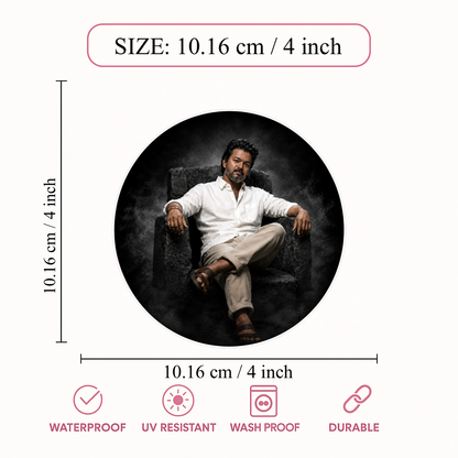 Thalapathy Vijay Classic Portrait Round Sticker – 10.16 × 10.16 cm (4 × 4 Inch) Waterproof UV Resistant Vinyl Car & Bike Sticker for Car, Helmet, Laptop & Rear Glass | Premium Stylish Fan Art Decal Pack of 1