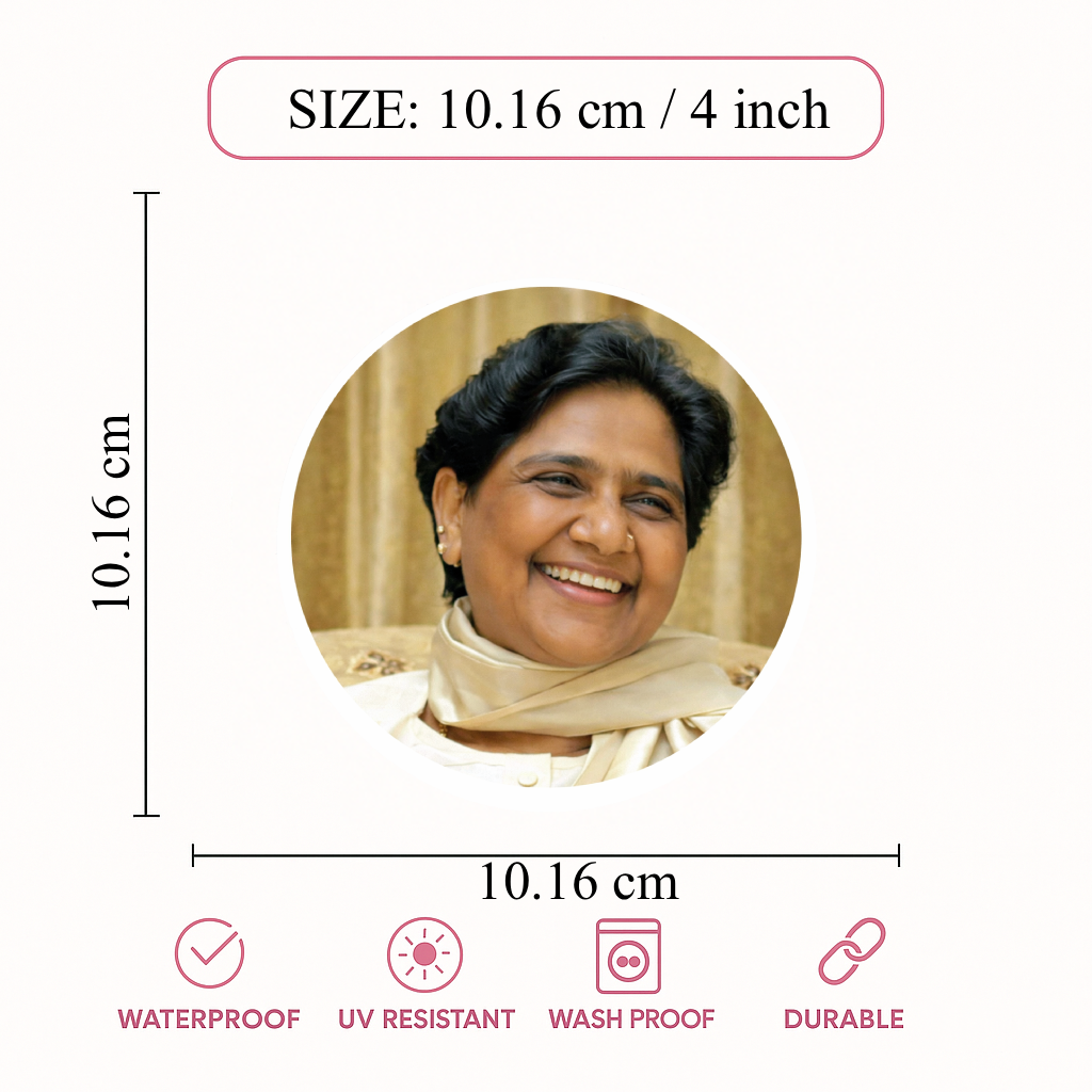 Smeeps Mayawati Portrait Sticker – 10.16 cm (4 Inch) Round Car & Bike Vinyl Decal | Waterproof UV Resistant Political Design