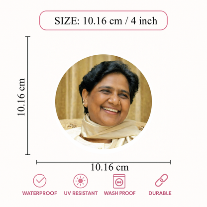 Smeeps Mayawati Portrait Sticker – 10.16 cm (4 Inch) Round Car & Bike Vinyl Decal | Waterproof UV Resistant Political Design