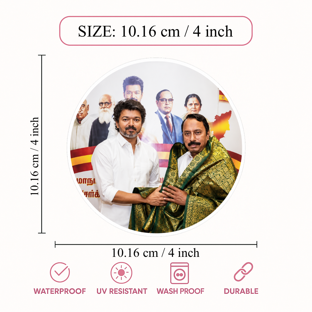 Thalapathy Vijay Political Tribute Round Sticker – 10.16 × 10.16 cm (4 × 4 Inch) Waterproof UV Resistant Vinyl Car & Bike Sticker for Car, Helmet, Laptop & Rear Glass | Premium Fan Art Decal Pack of 1