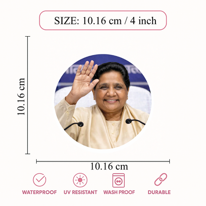 Smeeps Mayawati Portrait Sticker – 10.16 cm (4 Inch) Round Car & Bike Vinyl Decal | Waterproof UV Resistant Political Leader Design