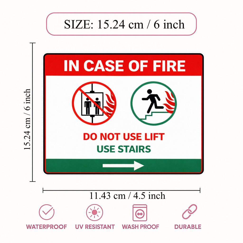Smeeps In Case of Fire Do Not Use Lift – Use Stairs Arrow Sticker – 11.43 × 15.24 cm (4.5 × 6 Inch) Premium Vinyl Safety Sign | Fire Emergency Exit Direction Sticker | Waterproof UV Resistant Wash Proof | Pack of 1