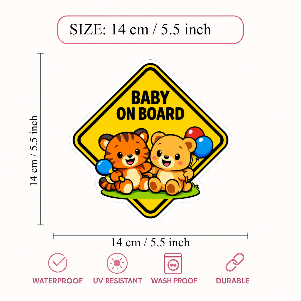 Smeeps Baby On Board Cartoon Animal Car Sticker – 14 × 14 cm (5.5 × 5.5 Inch) Waterproof Vinyl Safety Sticker for Cars | Cute Tiger & Teddy Design | UV Resistant | Pack of 1