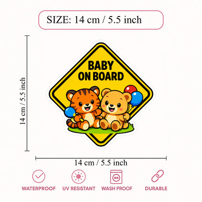 Smeeps Baby On Board Cartoon Animal Car Sticker – 14 × 14 cm (5.5 × 5.5 Inch) Waterproof Vinyl Safety Sticker for Cars | Cute Tiger & Teddy Design | UV Resistant | Pack of 1