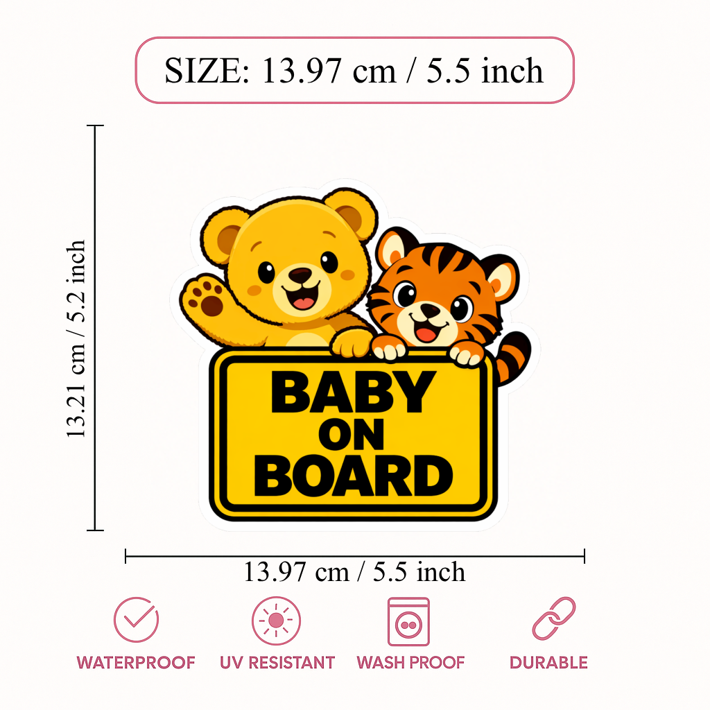 Smeeps Baby On Board Car Sticker – 13.97 × 13.21 cm (5.5 × 5.2 Inch) Waterproof Vinyl Safety Sticker for Cars | Cute Bear & Tiger Design | UV Resistant | Pack of 1