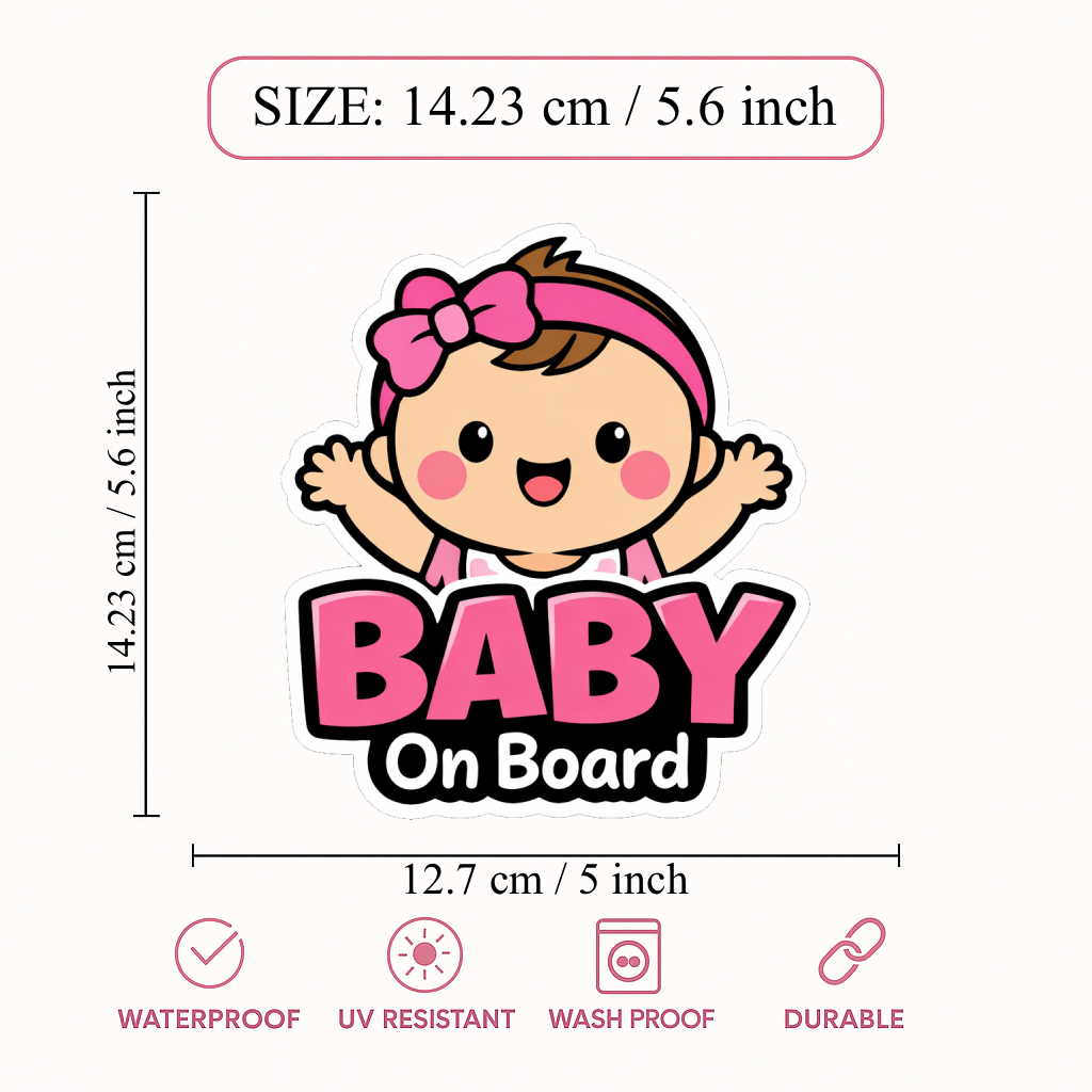 Smeeps Baby On Board Car Sticker – 14.23 × 12.7 cm (5.6 × 5 Inch) Waterproof Vinyl Safety Sticker for Cars | Cute Baby Girl Warning Decal | UV Resistant | Pack of 1
