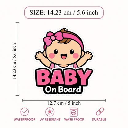 Smeeps Baby On Board Car Sticker – 14.23 × 12.7 cm (5.6 × 5 Inch) Waterproof Vinyl Safety Sticker for Cars | Cute Baby Girl Warning Decal | UV Resistant | Pack of 1
