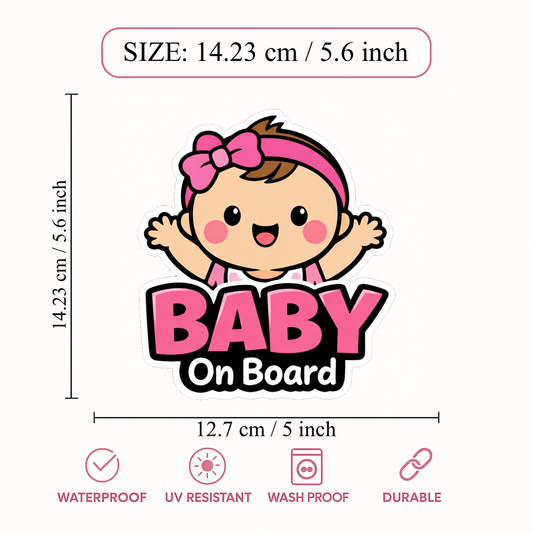 Smeeps Baby On Board Car Sticker – 14.23 × 12.7 cm (5.6 × 5 Inch) Waterproof Vinyl Safety Sticker for Cars | Cute Baby Girl Warning Decal | UV Resistant | Pack of 1