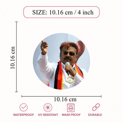 Smeeps Vijayakanth Portrait Round Sticker – 10.16 cm (4 Inch) Car & Bike Vinyl Decal | Waterproof UV Resistant Political Sticker