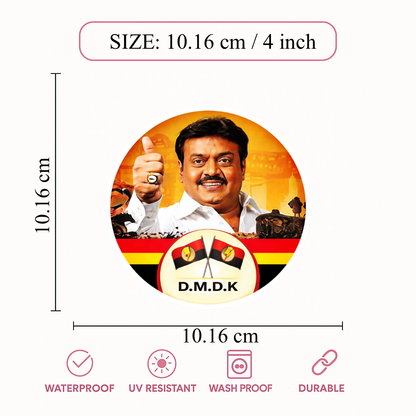 Smeeps Vijayakanth DMDK Portrait Round Sticker – 10.16 cm (4 Inch) Car & Bike Vinyl Decal | Waterproof UV Resistant Political Sticker