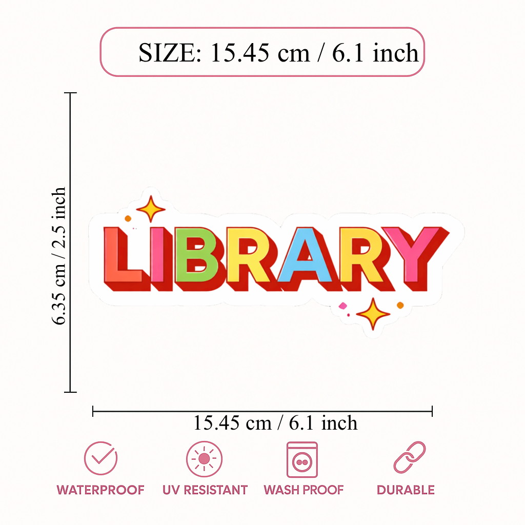 Smeeps Library Text Sticker – 15.45 × 6.35 cm (6.1 × 2.5 Inch) Premium Vinyl Decal | Colorful Library Name Design | Waterproof UV Resistant Wash Proof | Pack of 1