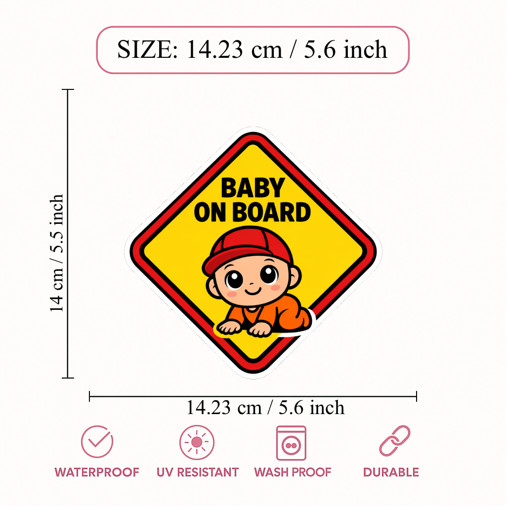 Smeeps Baby On Board Cartoon Baby Car Sticker – 14.23 × 14.23 cm (5.6 × 5.6 Inch) Waterproof Vinyl Safety Sticker for Cars | Cute Baby Warning Sign | UV Resistant | Pack of 1