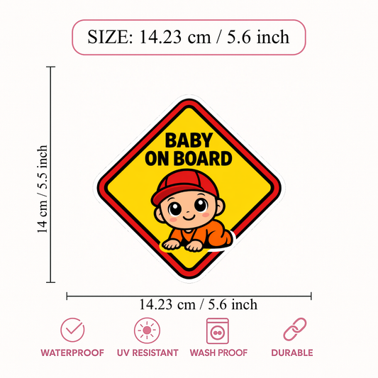 Smeeps Baby On Board Cartoon Baby Car Sticker – 14.23 × 14.23 cm (5.6 × 5.6 Inch) Waterproof Vinyl Safety Sticker for Cars | Cute Baby Warning Sign | UV Resistant | Pack of 1